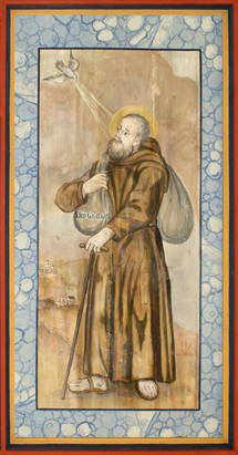 Hl. Felix von Cantalice mit Symbol des Heiligen Geistes (Taube), dem Symbol der Firmung (Motivtafel der Kassettendecke)