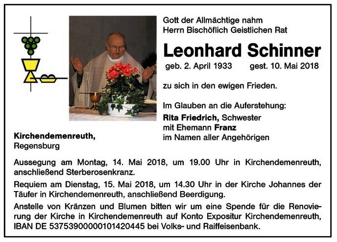 Todesanzeige für BGR Leonhard Schinner
